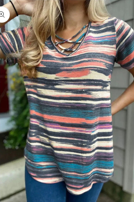 Multi Striped V-Neck Loose Top