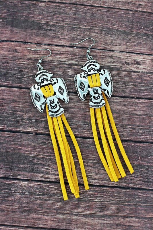 Western Thunderbird and Yellow Faux Suede Tassel Earrings