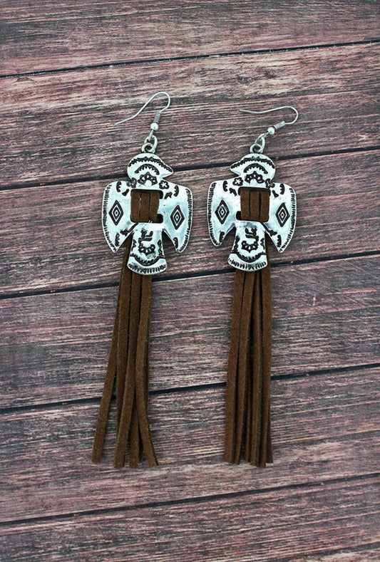 Western Thunderbird and Dark Brown Faux Suede Tassel Earrings